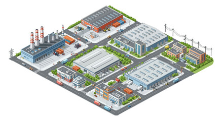 Industrial park isometric view with various factories, warehouses, and office buildings in a city setting