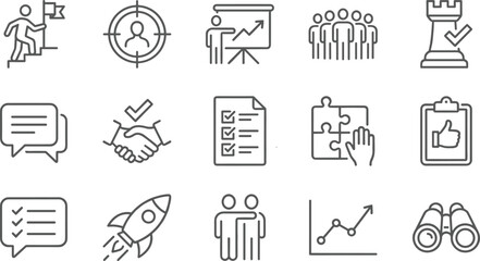 Business strategy and management line icons set, achievement, target goal, startup rocket, teamwork, vector elements for success © Moriam