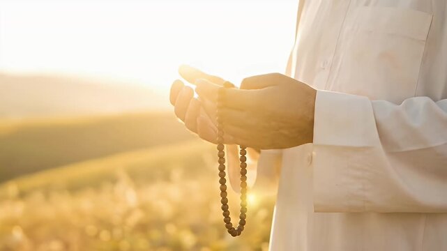 Devout Muslim Man Praying with Tasbih Beads Outdoors at Sunset.