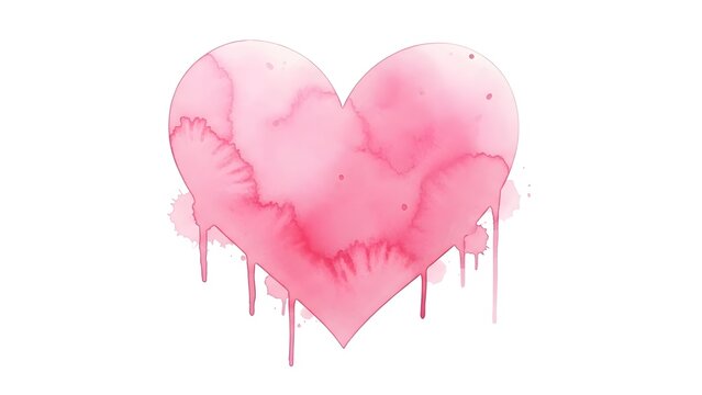 Gentle pink watercolor heart with dripping paint, symbolizing love and affection, isolated on a white background