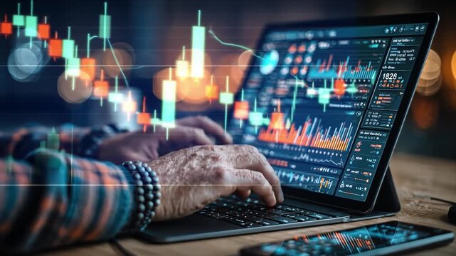 Market Analysis: Hands expertly navigate a laptop's keyboard, their focus unwavering as they analyze intricate stock market charts, illuminating the path to informed financial decisions.