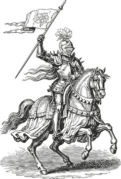Medieval knight in armor on rearing horse holding flag with emblem, historic warrior illustration