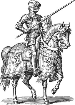 Medieval knight in full armor on horseback holding a lance with heraldic shield and barding