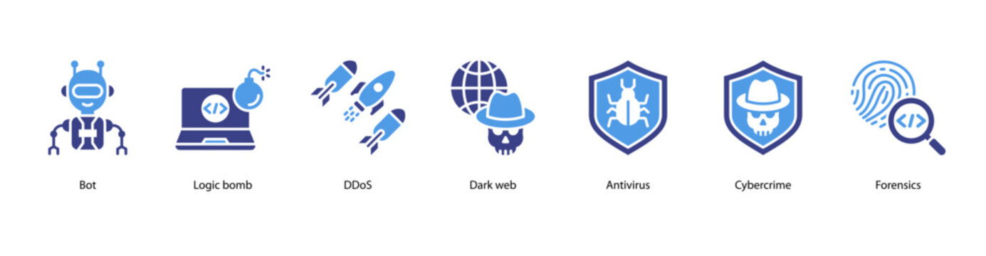Cyber Defense Tools web banner illustration featuring Bot, Logic bomb, DDoS, Dark web, Antivirus, Cybercrime, and Forensics.