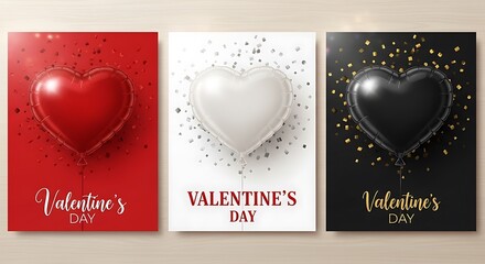Valentine's day cards featuring hearts in red, white, and black designs with glittery accents