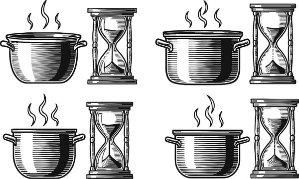 Vintage steaming cooking pots paired with classic hourglasses symbolizing time and patience