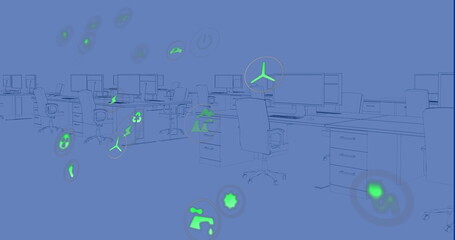 Image of sustainable icons floating over digital workspace in office