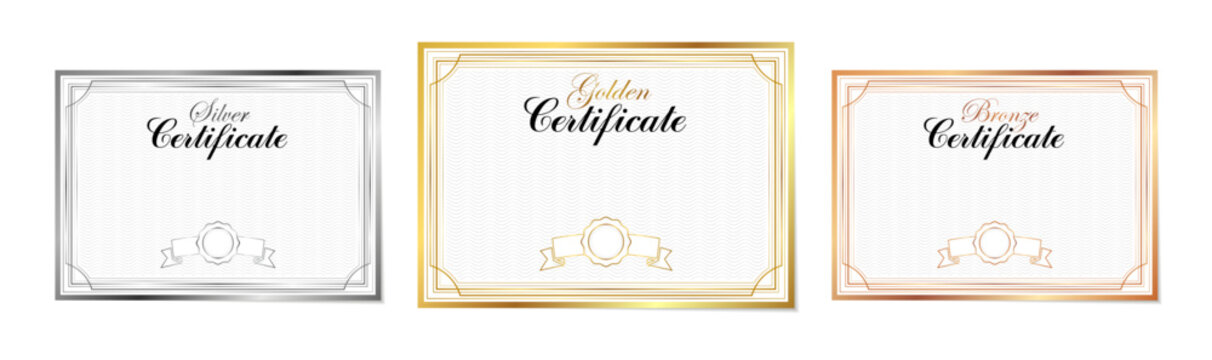 Set of Golden, Silver and Bronze certificates with shiny gradient and watermark backdrop. Template for first, second and third place with copy space