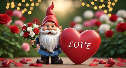 Gnome holding a heart with love written on it amidst red roses and holiday lights