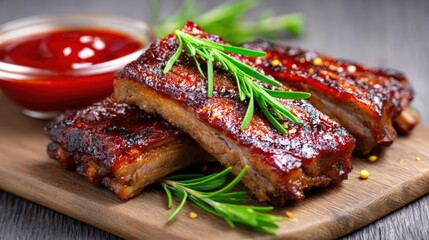 Grilled pork ribs garnished with fresh herbs served on a wooden cutting board alongside a small bowl of barbecue sauce in a culinary setting