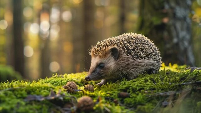 A small hedgehog with a spiky back and inquisitive eyes sits on a bed of green moss