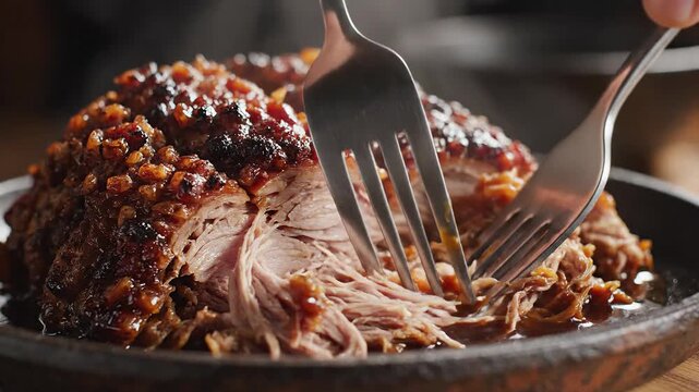 Tender pulled pork with crispy topping being shredded with forks on a dark plate