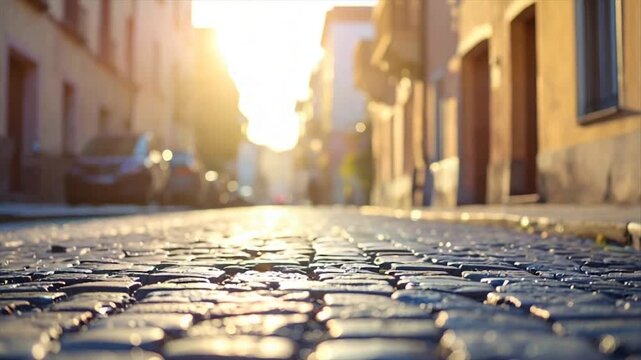 A cobblestone street, lit by warm sunlight, leads into a blurred city landscape