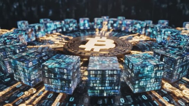Digital artwork depicts a golden cryptocurrency symbol surrounded by data cubes and digital code
