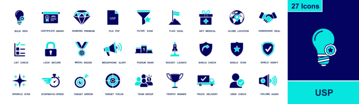 USP icon set. Containing idea, award, premium, filter, goal, handshake, checklist, lock, medal, rank, rocket, shield, target, trophy, delivery and more. Solid fill vector icons collection
