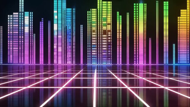 Neon cityscape equalizer with glowing grid floor, retro 80s synthwave style. 4k video