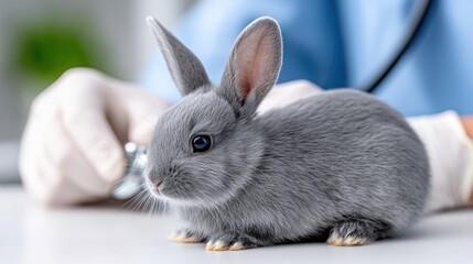 Naklejka premium Gray rabbit being examined by a veterinarian in a clinic setting, with a gloved hand holding a medical instrument in the background during a health checkup