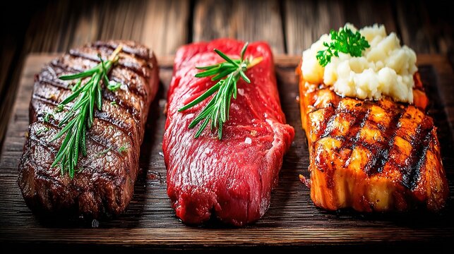 Premium three grilled steaks on pristine white plate, minimalist top-down food photography, elegant steakhouse menu design, professional commercial culinary visuals for fine dining and luxury restaura