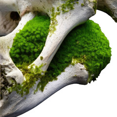 Bone structure with vibrant green moss filling space