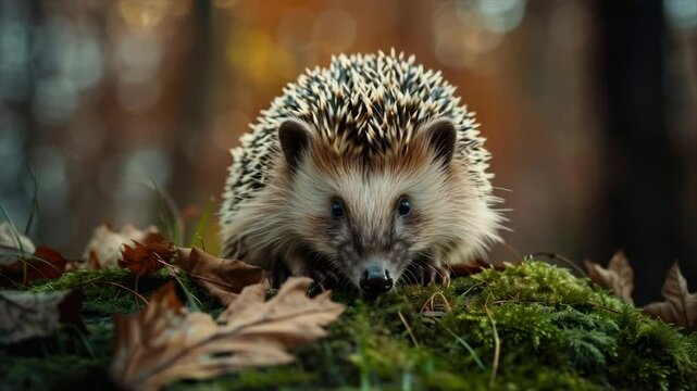 A close-up of a hedgehog with soft fur and quills, amidst moss and autumn leaves