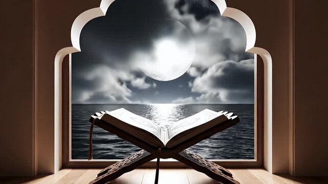 Holy Quran Resting by a Window with a Full Moon Over the Sea.