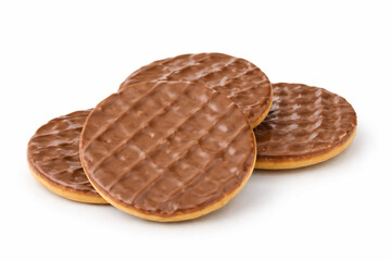 Biscuits ronds napp&eacute;s de chocolat sur fond blanc