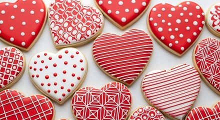 Colorful heart-shaped cookies arranged in a festive display for celebration