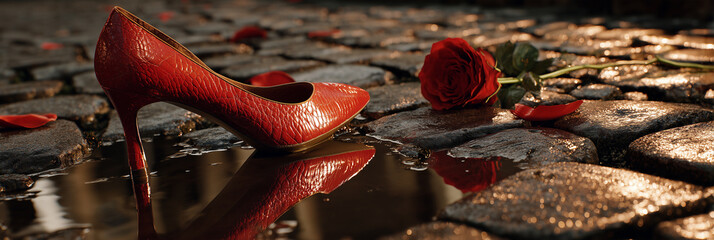 Extreme Close-up of a Red High-Heeled Shoe and Fading Rose with Falling Petals Abandoned on a City Street, Reflected in a Puddle. Symbol Against Gender Violence and Abuse Of Women. Generative Ai.