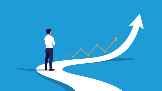 Businessman observing winding path that turns into rising arrow with zigzag graph representing volatile but positive career growth and success.