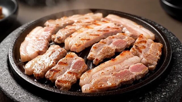 Deliciously grilled pork belly, a classic Korean BBQ dish, sizzling on a hot stone grill for a perfect crispy texture