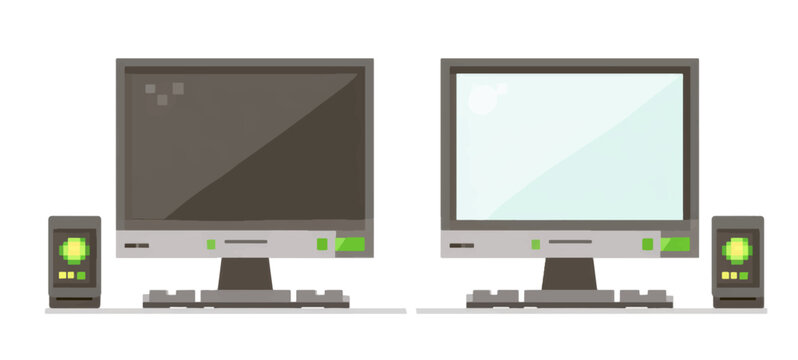Set of vector images of pc, tv, computers, monitors, desktop computers, and towers. Stylized, flat cartoon style.