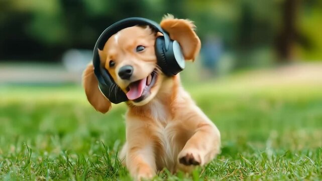 A playful puppy, with a coat of golden fur, joyfully embraces the world of music while wearing headphones, a delightful scene of auditory delight.