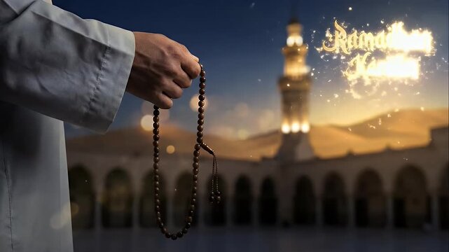 Muslim Man Holding Tasbih Prayer Beads with Mosque Background for Ramadan.