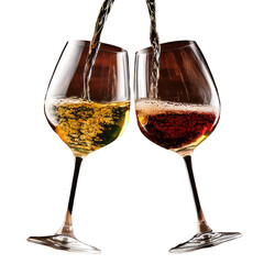 Two stemmed glasses filled with flowing white and red wine