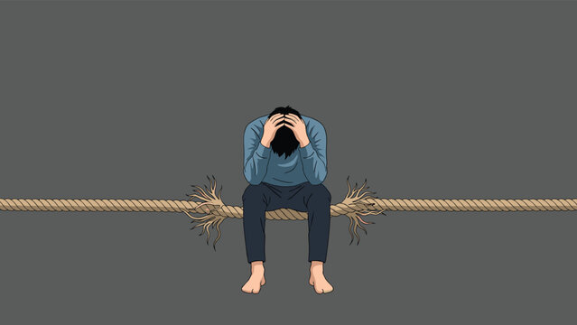 Depressed man sitting on a rope that is snapping at both ends symbolizing extreme pressure and mental health crisis.