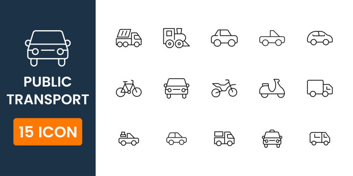 public transportation icon set, city transit bus train metro symbols, modern flat vector mobility travel UI icons