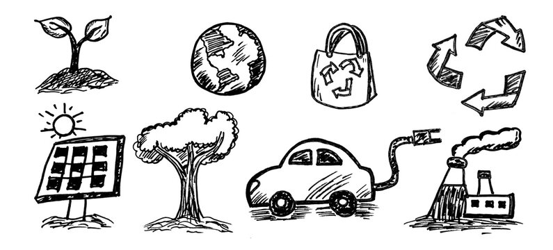 Recycling and eco sketch icon collection in black. Set of recycle symbol, leaf, globe, energy, factory, plant, trash and sustainability icons in doodle style