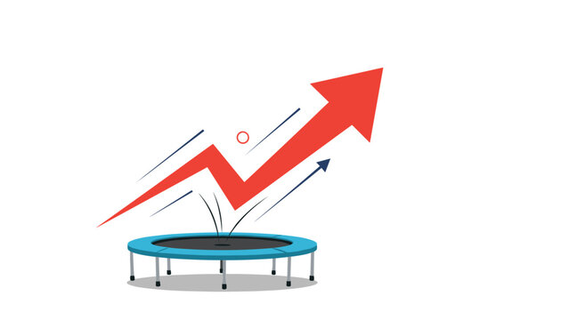 Resilient red arrow bounces off a trampoline to show business recovery, financial rebound, and positive growth trends.