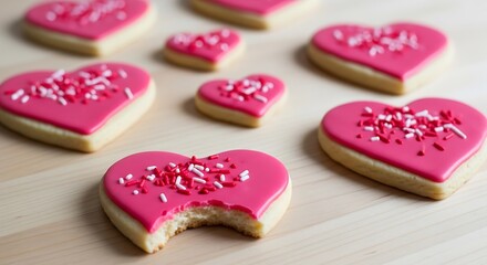 Assorted heart-shaped cookies decorated with pink icing and sprinkles on a wooden surface