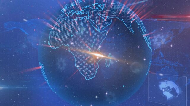 Orange flare sweeping holographic globe rotating, revealing cyan dots, showcasing HUD for demo