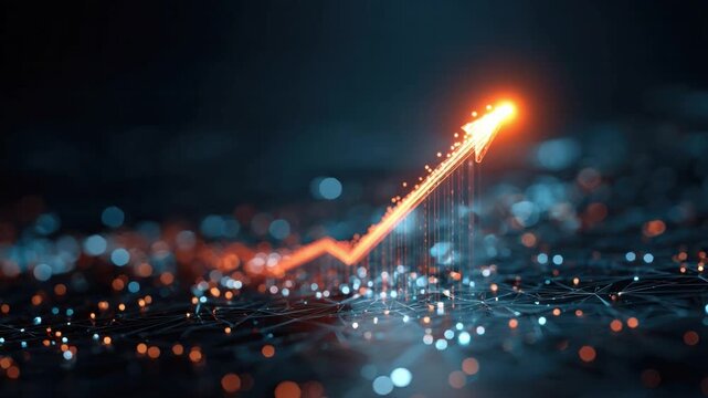 Arrow of Growth: An illuminated arrow ascends with unwavering determination, representing progress, innovation, and the relentless pursuit of goals, against a backdrop of data, technology.