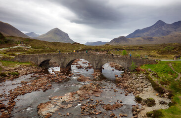 Sligachan Old Bridge with beautiful view on Black Cuillin mountains, in Isle of Skye, Scotland, UK