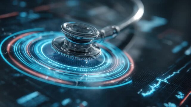 Digital Diagnostics: A futuristic stethoscope rests atop a glowing digital interface, symbolizing the innovative advancements in healthcare and the integration of technology in the medical field.