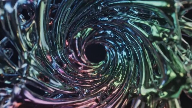 Abstract swirling liquid vortex with iridescent colors against a dark background dynamic motion graphics element for creative projects and modern design concepts