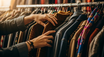Naklejka premium Close-up of hands selecting clothing from a rack in a boutique, representing shopping, fashion choices, and retail lifestyle.