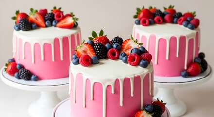 Elegant pink ombr&eacute; cakes adorned with fresh berries and white drizzle