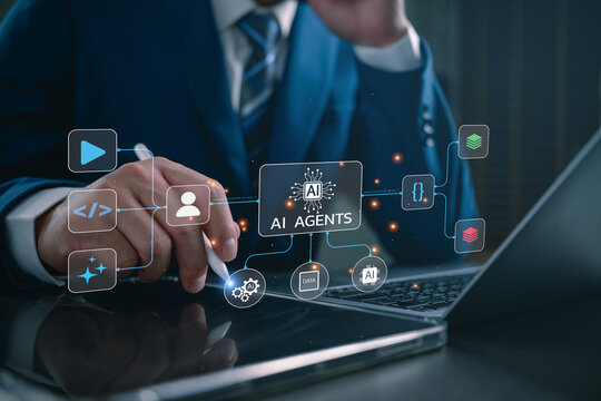 AI agents concept, businessman using laptop, connected artificial intelligence icons and data flow, autonomous workflow, intelligent automation, multi agent system, enterprise digital transformation.