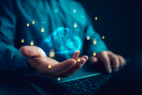 Cloud security concept, protected cloud icon and digital locks, representing secure data storage, encrypted file transfer, cybersecurity, privacy protection, modern cloud computing technology.