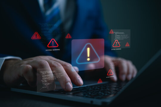 Cybersecurity system warning concept, digital alert icons and error notifications, cyber risk, data breach prevention, system monitoring, threat detection, IT security management.