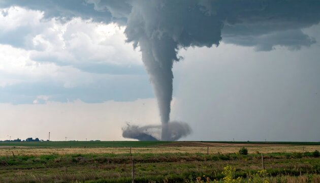Tornado during a severe weather outbreak. Tornado funnel with debris beneath a supercell thunderstorm during a severe weather outbreak
